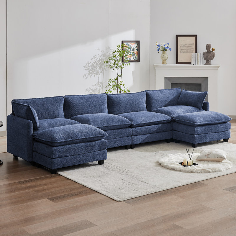 Redenius U-shape Boucle Upholstered Sectional Sofa With Armrest, Navy Boucle