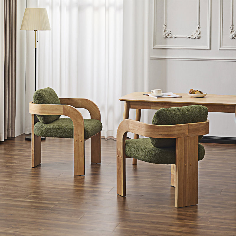 Chaise rembourrée avec accoudoirs (ensemble de 2), Naturel, Vert bouclé