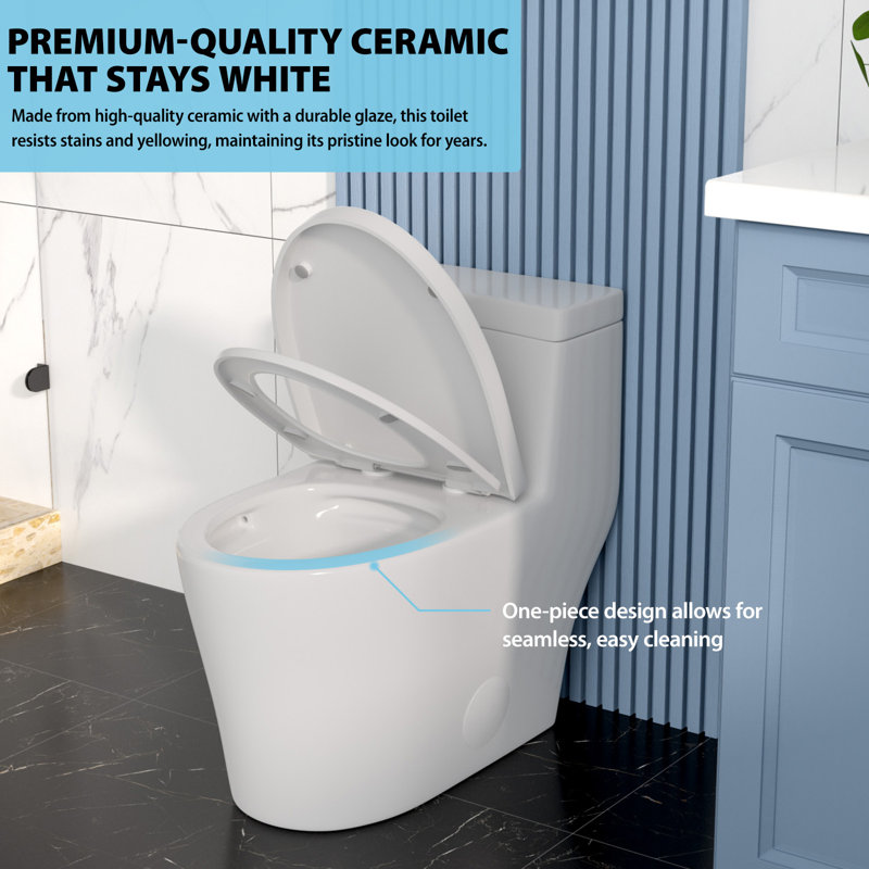 Toilette allongée une pièce, chasse simple latérale 1,28 GPF, siège brut à fermeture en douceur 12 po, blanc