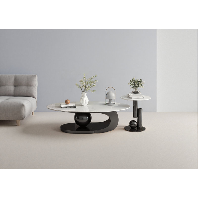 Coffee Table Set 51"Oval Sintered Stone & 19.7"Round Table Steel Sphere+C-Base for Room/Studio