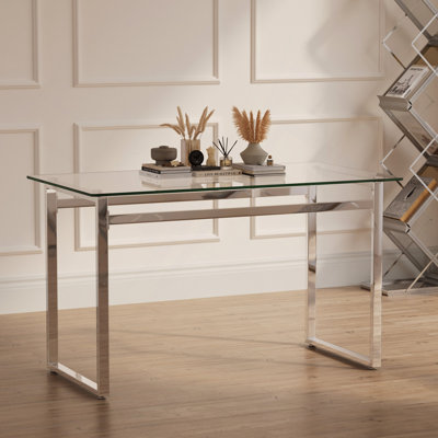 51" Rectangular Glass Dining Table For 4-6 With 0.31" Tempered Glass Tabletop And Silver Chrome Metal Legs, Writing Table Desk, For Kitchen Dining Living Room