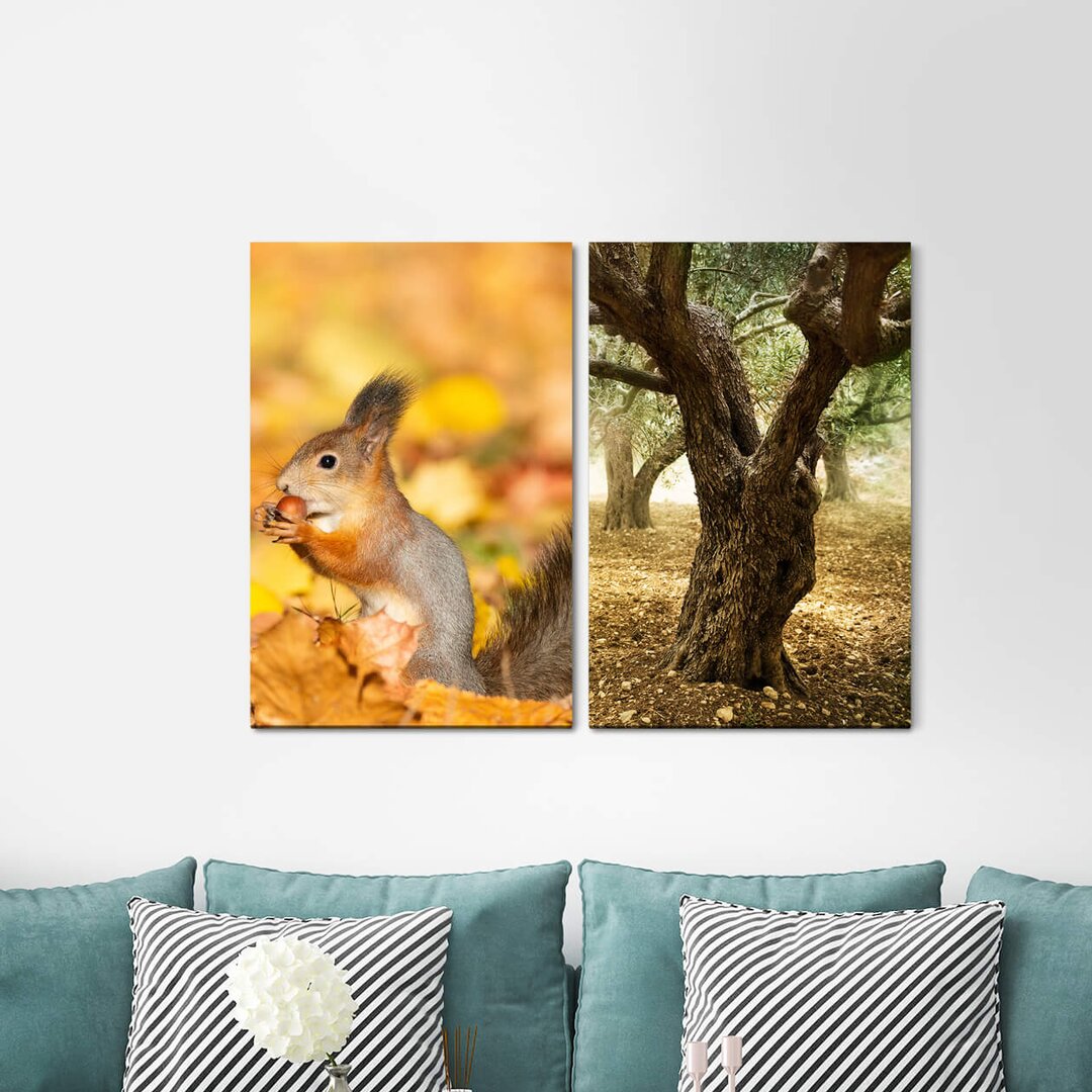 2-tlg. Leinwandbilder-Set - Fotografie "Eichhörnchen Süß Kuschelig Herbstblätter Baum Friedlich"