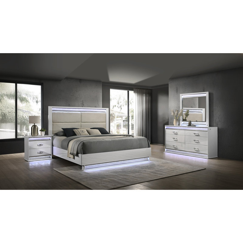Ensemble de chambre rembourrée avec éclairage DEL Lashell, Grand, 5 Pcs: Bed, 2 Dressers, Nightstand, Mirror