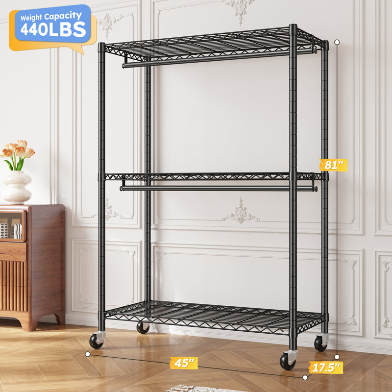 Portant à vêtements robuste avec roulettes, garde-robe portatif avec 3 tablettes et 2 tringles de suspension