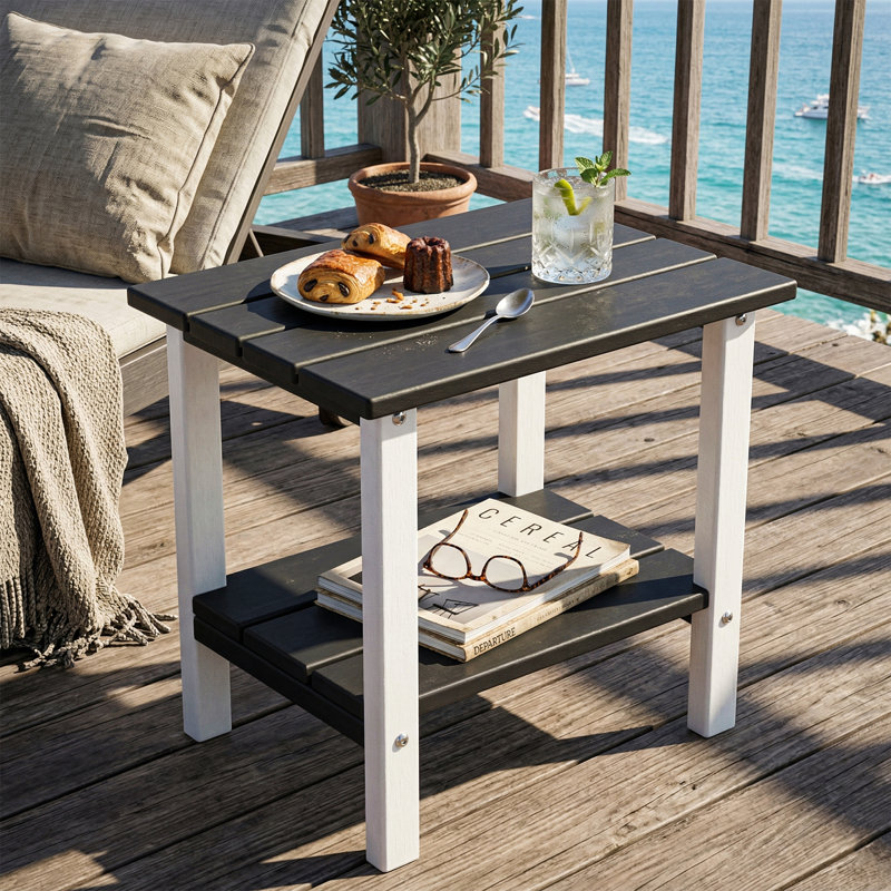 2-Tier Adirondack Outdoor Side Table, All-Weather HDPE Patio End Table, White/Gray