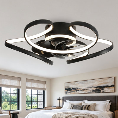 Bella 22'' Modern Flush Mount Ceiling Fan with Light and Remote, 6-speed Reversible DC Motor, Dimmable Black Fandelier for Bedroom