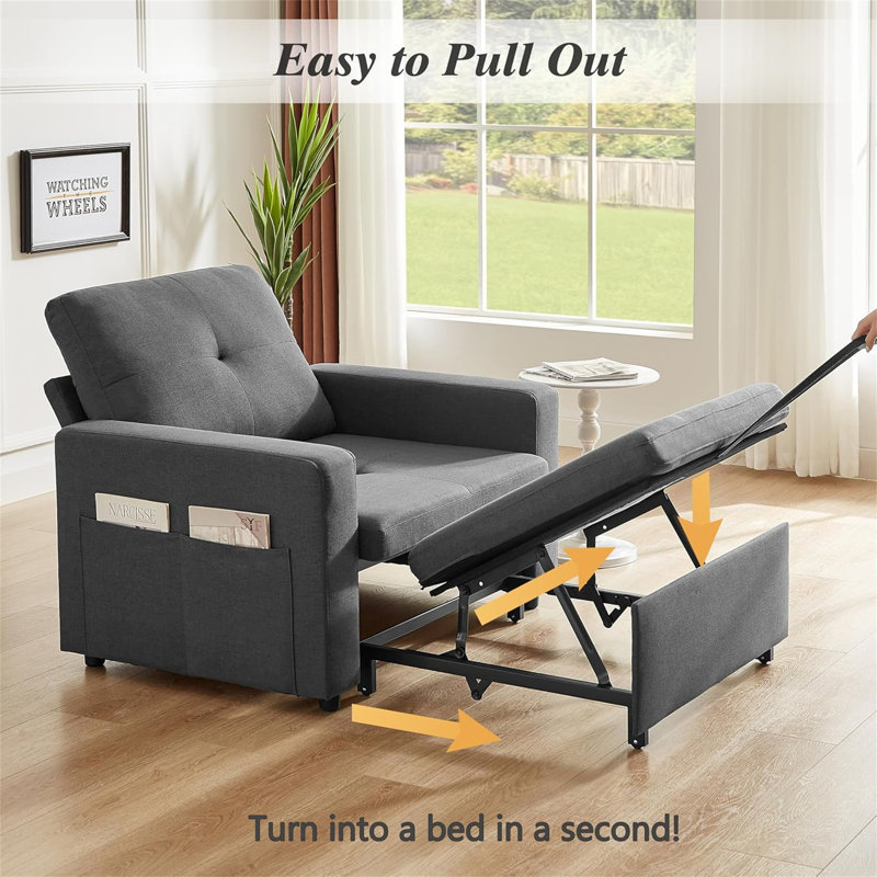 Ebern Designs 3-In-1  42.5" W Convertible Sleeper Chair With Pull Out Bed And Side Pockets., Gray