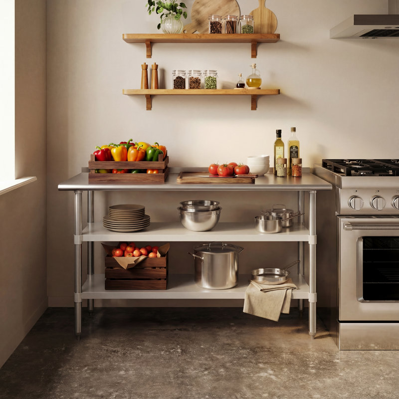 Table de travail Woodford NSF en acier inoxydable de calibre 18 - dosseret et 2 tablettes, H 36 po x l 60 po x P 24 po