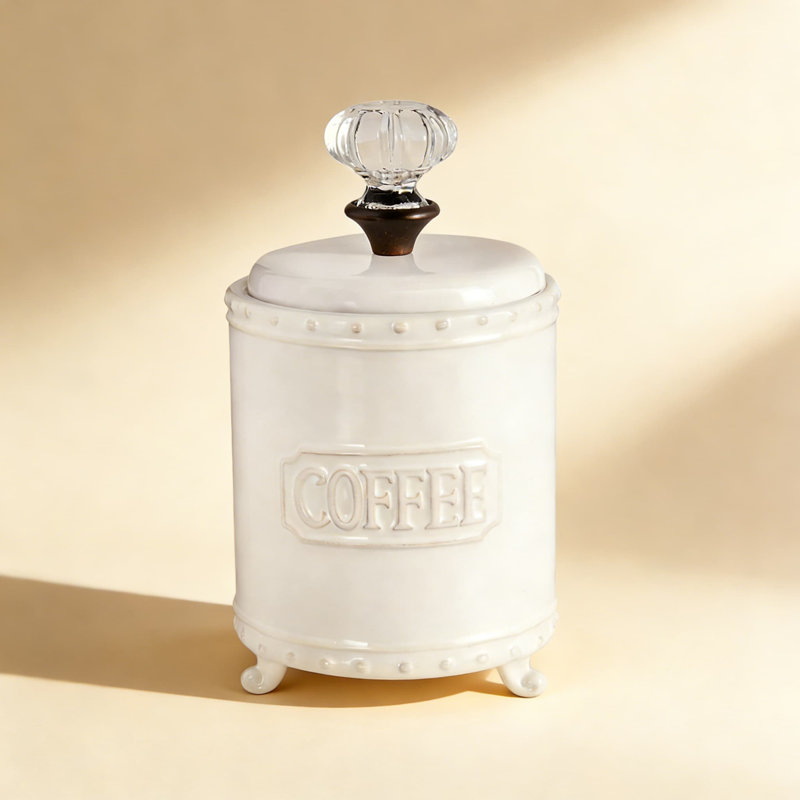 Pot à café en céramique avec poignée de porte en verre, conception à pieds et étiquette à café en relief pour le rangement du comptoir de cuisine