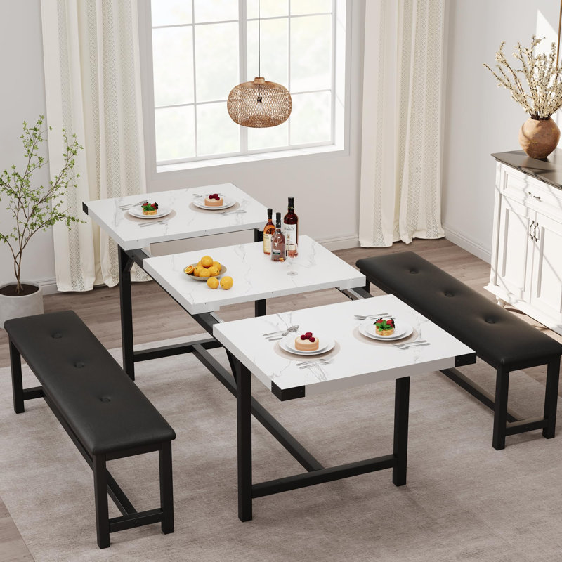 Dining Table Set for 4-6, 63" Extendable Wood Dining Room Table with Corner Protector & 2 Upholstered Benches, Kitchen Table Set for Apartment, Small Space, Easy Assembly