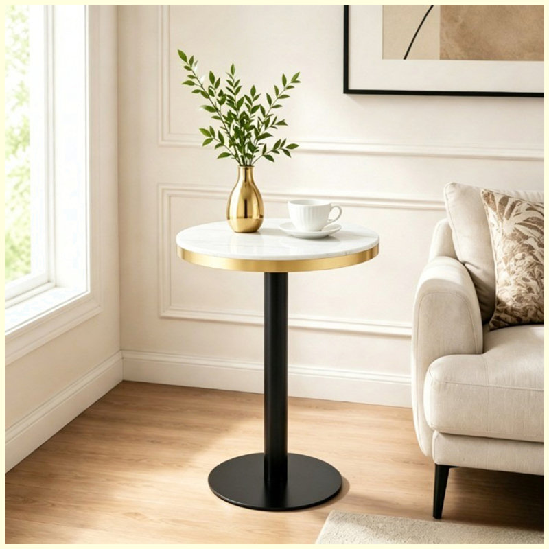 Table basse ronde de luxe moderne 23,6 po, plateau en panneau de fibres à densité moyenne à texture marbrée avec finition peinture UV, bordure en acier inoxydable, pieds en métal, table d'appoint de salon