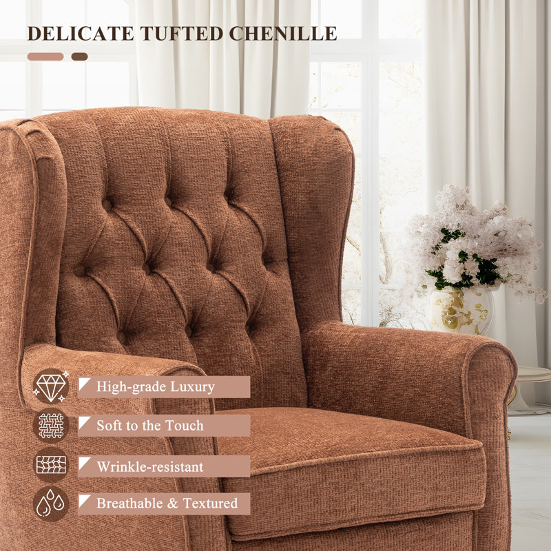 Button-Tufted Wingback Accent Chair - Solid Wood Legs with Rolled Arm &Thick Padded Cushion, Coral Polyester, Brown