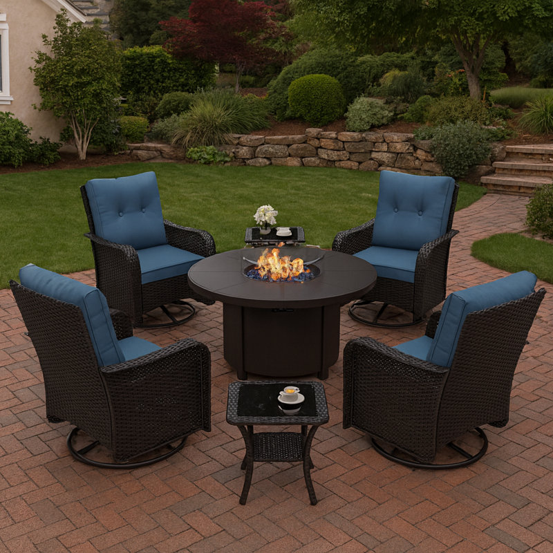 4 Person Outdoor Rocking Swivel Chair Set With Removable Cushions ,Coffee Table And Round Outdoor Fire Pit Table 40,000 BTU