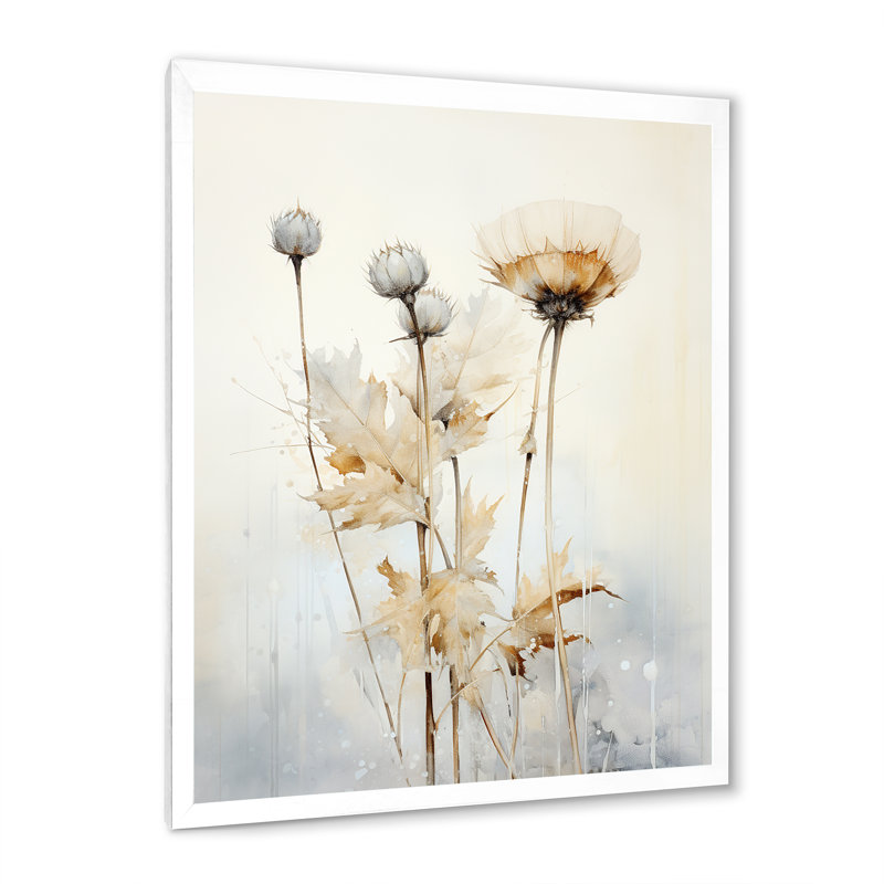«Beige chardon», art mural de salon chardon, H 44 po x l 34 po, Cadre simple blanc