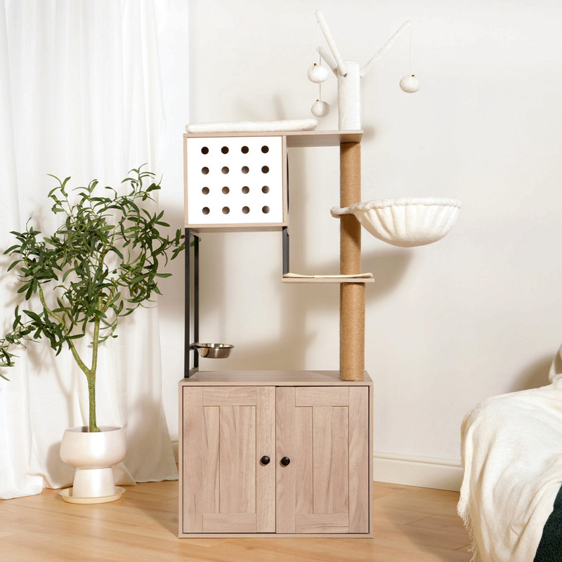 Arbre à chat avec bac à litière - maisonnette pour chat moderne avec poteaux à griffer, bol d'alimentation et bâtons de pompons amovibles, gris