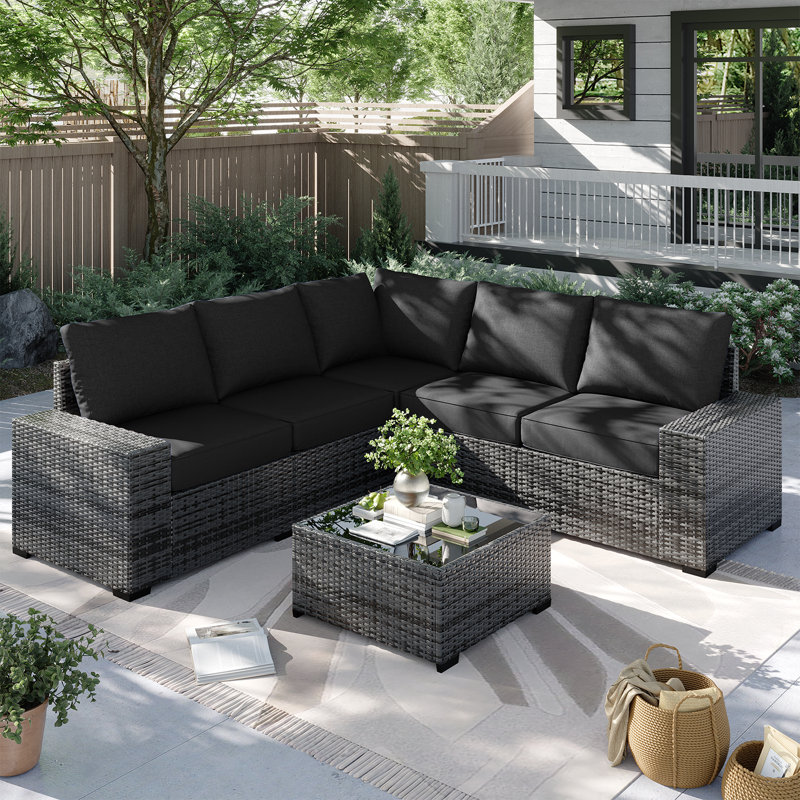 6 Pieces Outdoor Patio Furniture Set, With Cushions And Glass Coffee Table, Pe Rattan Outdoor Wicker Sectional Furniture Sofa Set