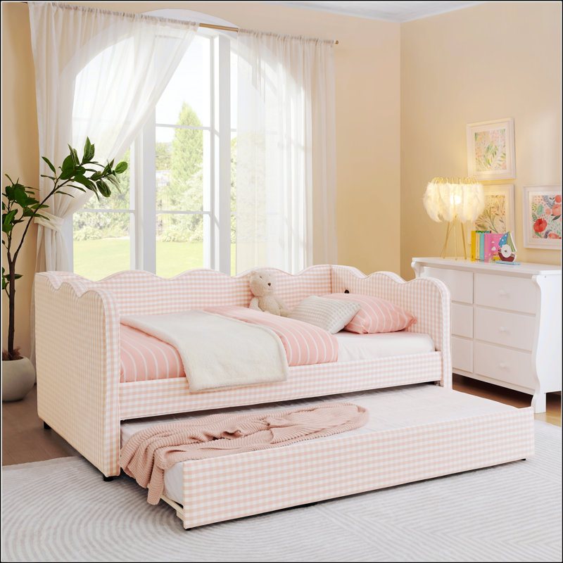 Lit de jour Cozy Gingham avec couchette, canapé-lit simple, aucun sommier nécessaire, port USB, forme de vague adorable, tissu en lin, rose