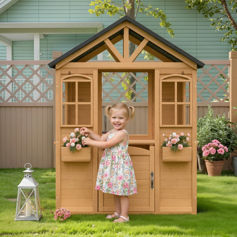 45"W x39"D Outdoor Wooden Playhouse For Kids, Outdoor Garden Pretend Play Games, Adventure Cottage, With Working Door, Windows, Service Station, Flowers Pot Holders