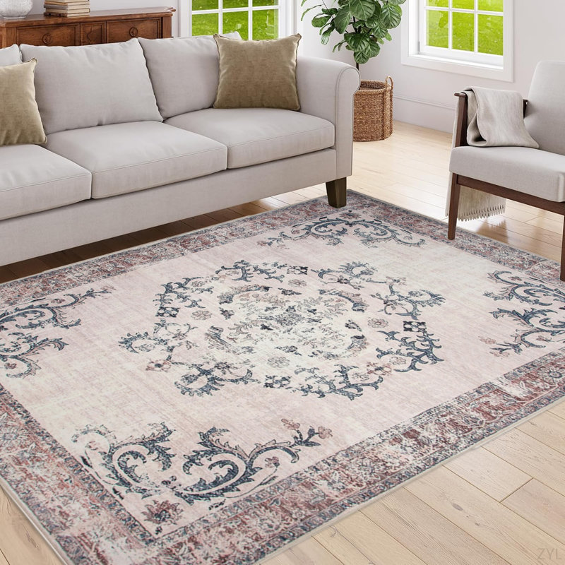Area Rug 5X7 Vintage Bohemia Large Persian Non-Slip Washable Rug For Living Room Kitchen Bedroom Living Room Flower Design