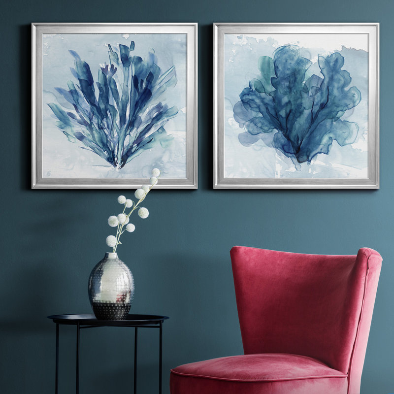 Alexio Coastal Coral I - 2 pièces, peinture sur toile encadrée, H 22,5 po x l 45 po x P 1,5 po, Cadre argenté