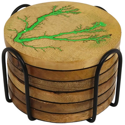Wood 6 Piece Coaster Set With Holder