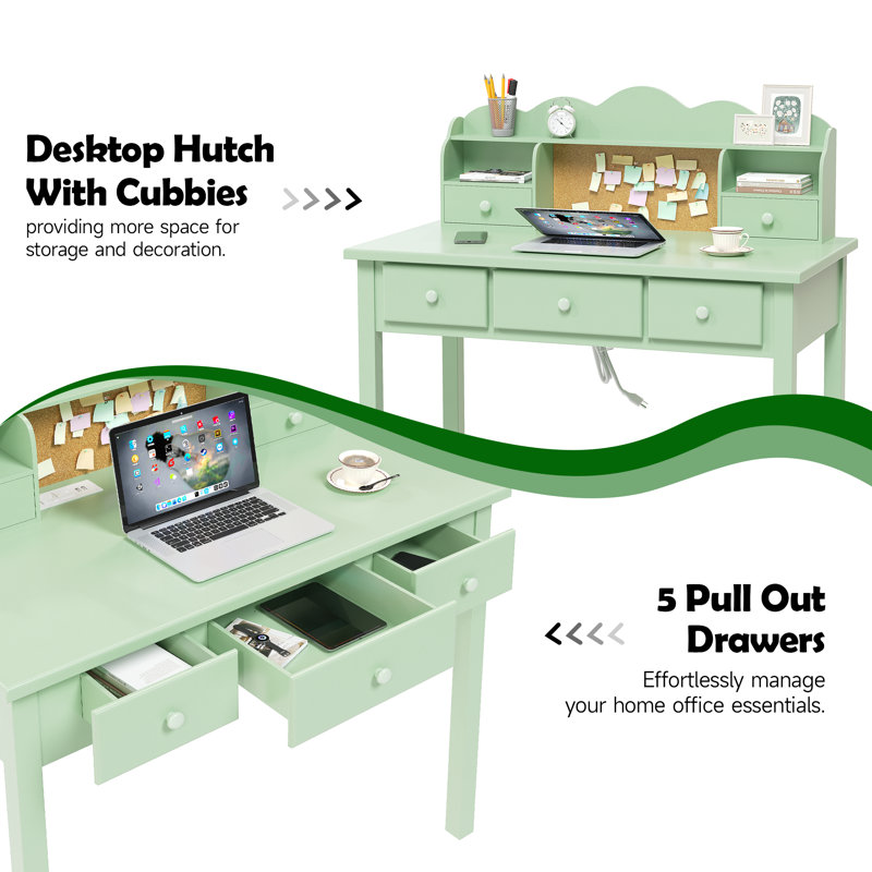 Mailiah Solid Wood Base Writing Desk with Power Outlet, Green