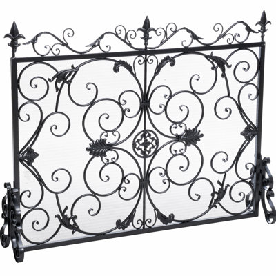 Cloison de foyer en fer noir au design complexe, 45,53 po x 9,9 po, 35,7 po, qui sépare l'espace de l'ornement protecteur élégamment forgé, finition, P 10 po x l 44 po H 35,5 po, ajoute du style à la zone