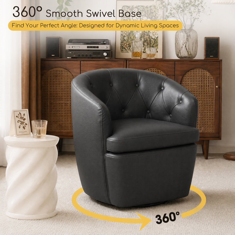 Classic Tuffted Vegan Faux Leather Swivel Barrel Chair No Assembly Required, Black