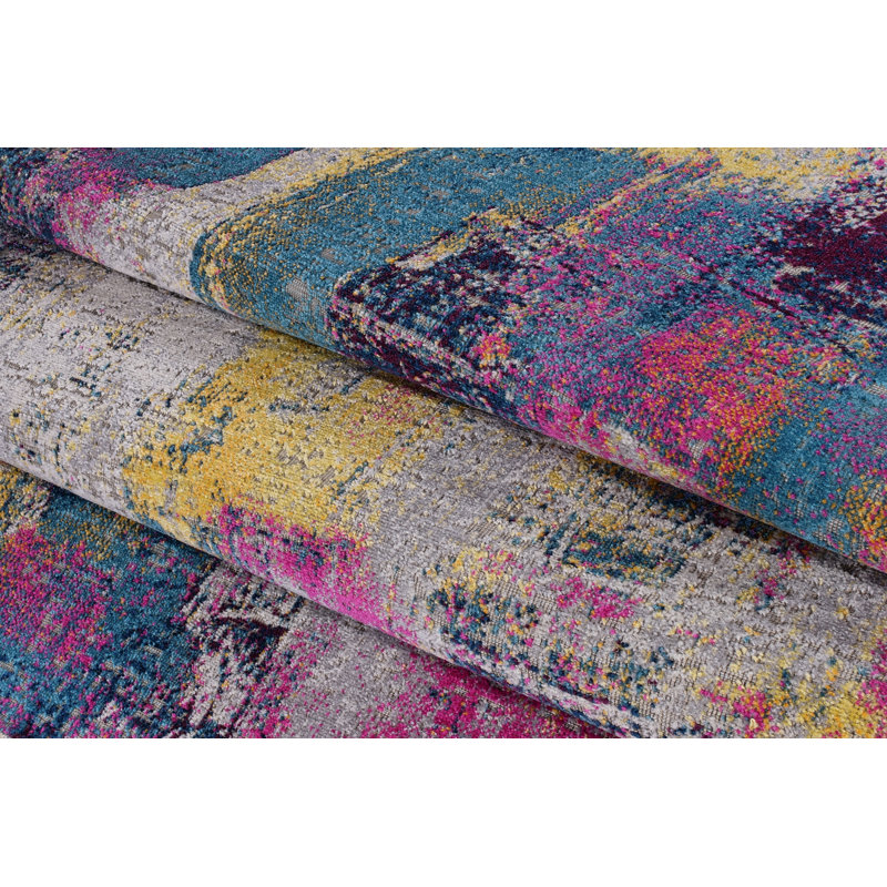 Tapis abstrait gris / bleu Drennon, Rectangulaire 5 pi 3 po x 7 pi 6 po