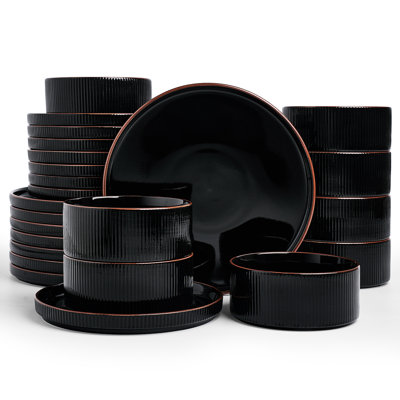 24 Pieces Porcelain Dinnerware Set, Glossy Black