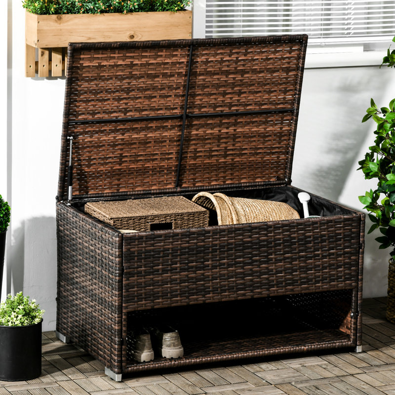 Deck Box: Store Seasonal Clothes. Brown, Hydraulic-Assisted Lift Box For Outdoor : Easy To Open With Hydraulic Spring. Pe , Brown
