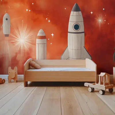 Kids Space Rocket Wall Mural, Red Orange Galaxy Spaceship Wallpaper, Modern Outer Space Design For Nursery Kids Room Bedroom