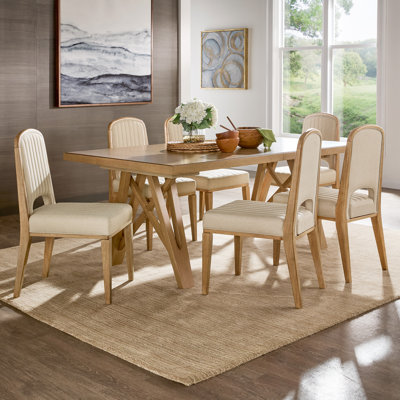 Brogdon Wood Finish 72"-90" Extendable Dining Set, Dining Table With Leaf And Cream Fabric Chairs