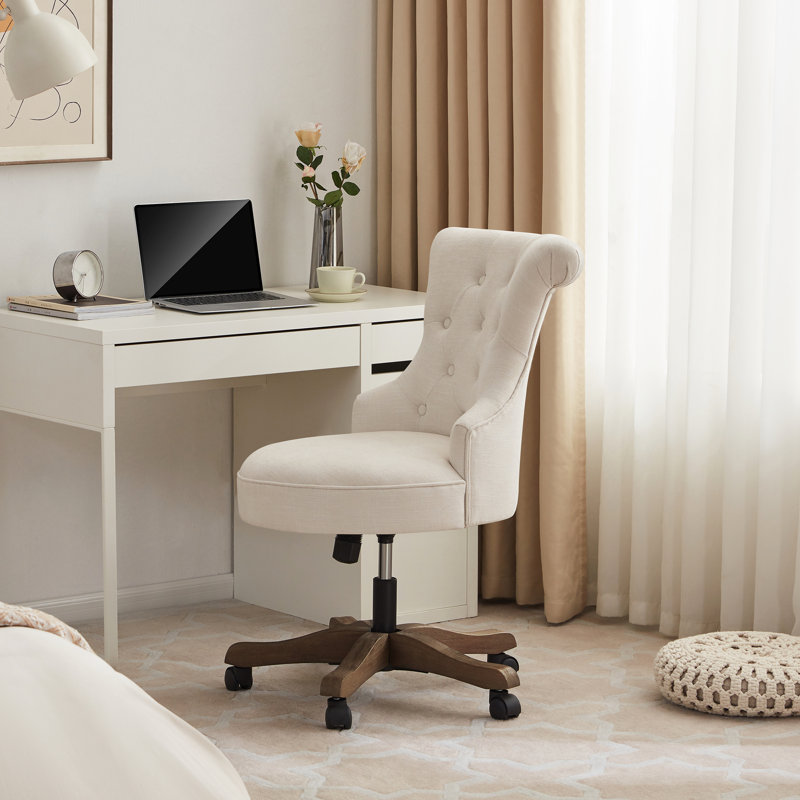 Asyra Extra Wide Armless Swivel Task Chair with Tufted Back and Solid Wood Base, Beige