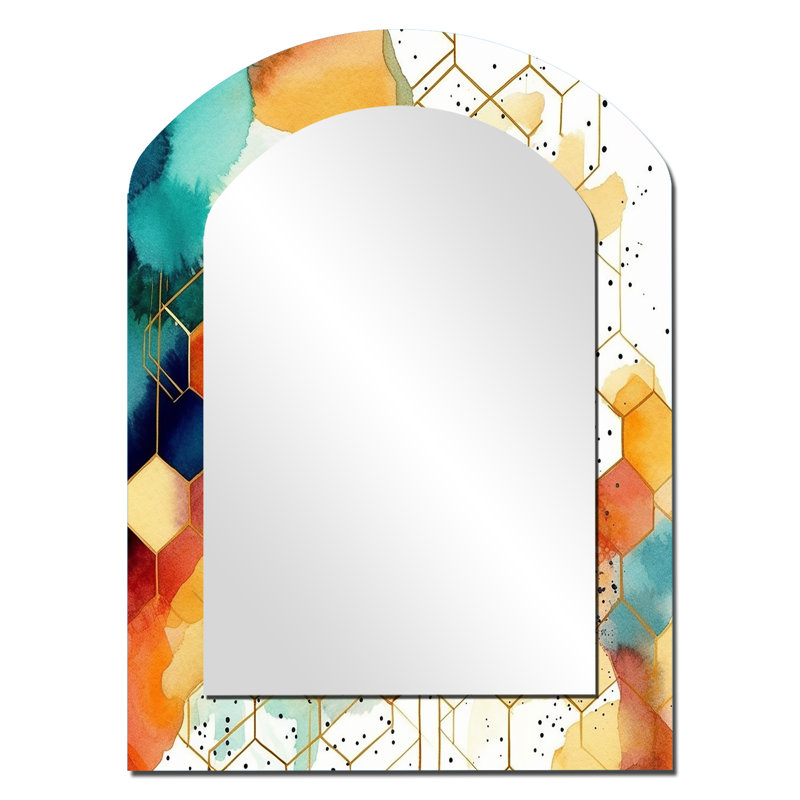 Coloré Hexagone I - Grand miroir mural arqué sur métal, 34 po x 25 po