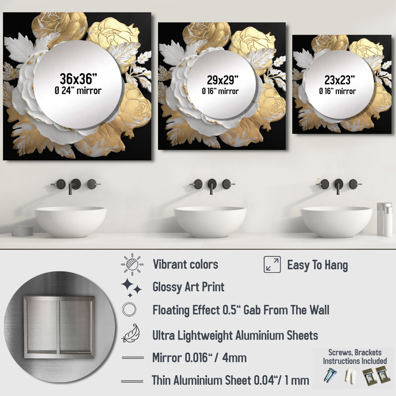 Exquisite White Rose Blooming Floral Gold Glam I - Rose Square Mirror For Wall Art Decor, 23" x 23"