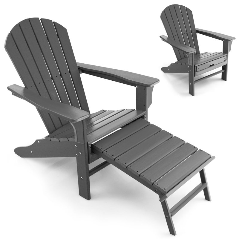 Baughn Foldable Outdoor Adirondack Chair With Ottoman, Gray