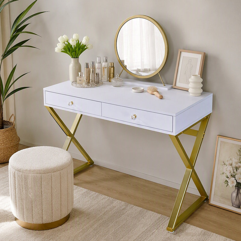 Coiffeuse avec miroir et plateau à bijoux, Blanc brillant