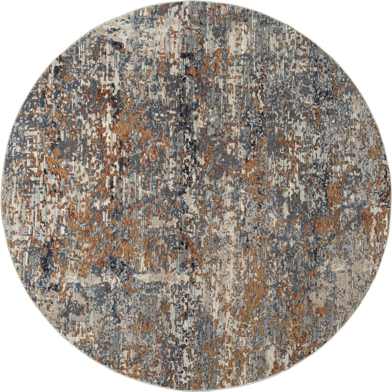 Tapis bleu / rouille / beige Arrika, Rond 8 pi, Bleus / tons de rouille