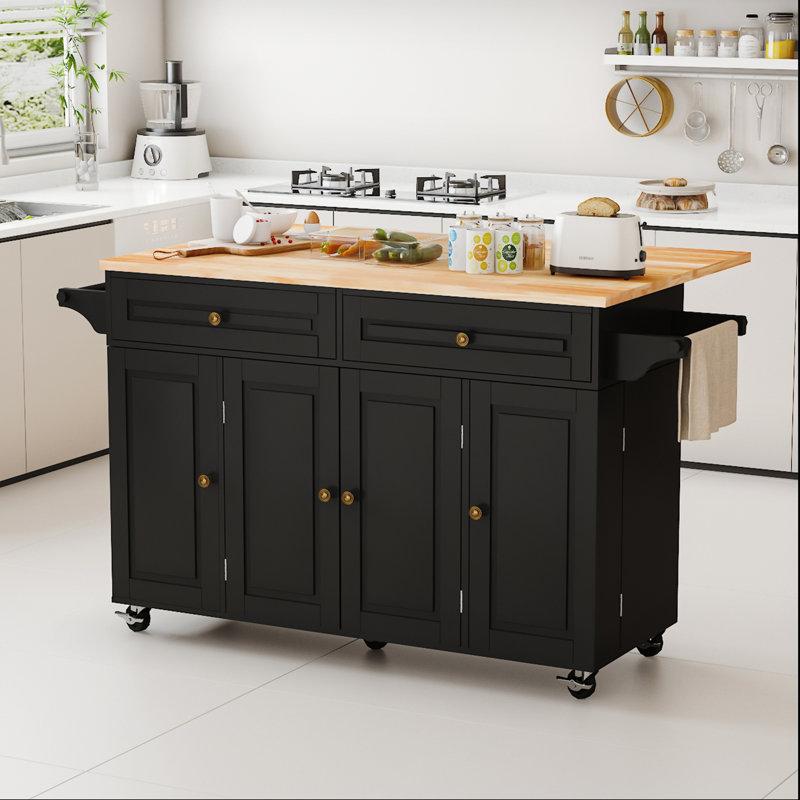 59" Kitchen Island W/sliding Drop Leaf And Storage Doors & Adjustable Shelves, Rolling Mobile Island Table With /spice Rack & Towel Rack & Drawers For Dining Room Kitchen Dining Room 