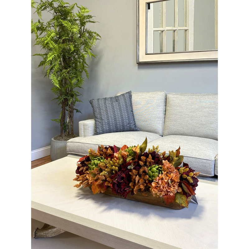 Fall Centerpiece with Hydrangeas, Heather and Pinecones