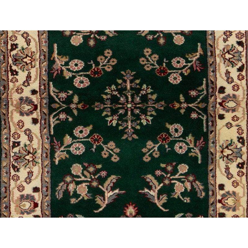 Tapis vert foncé et ivoire noué à la main de haute qualité