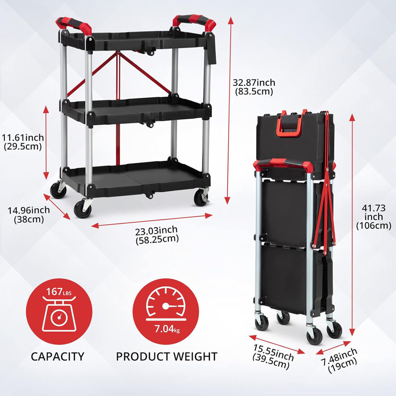 Folding 3-Tier Rolling Utility Cart with Lockable Swivel Wheels, Mobile Storage Service Cart for Workshop Kitchen Office