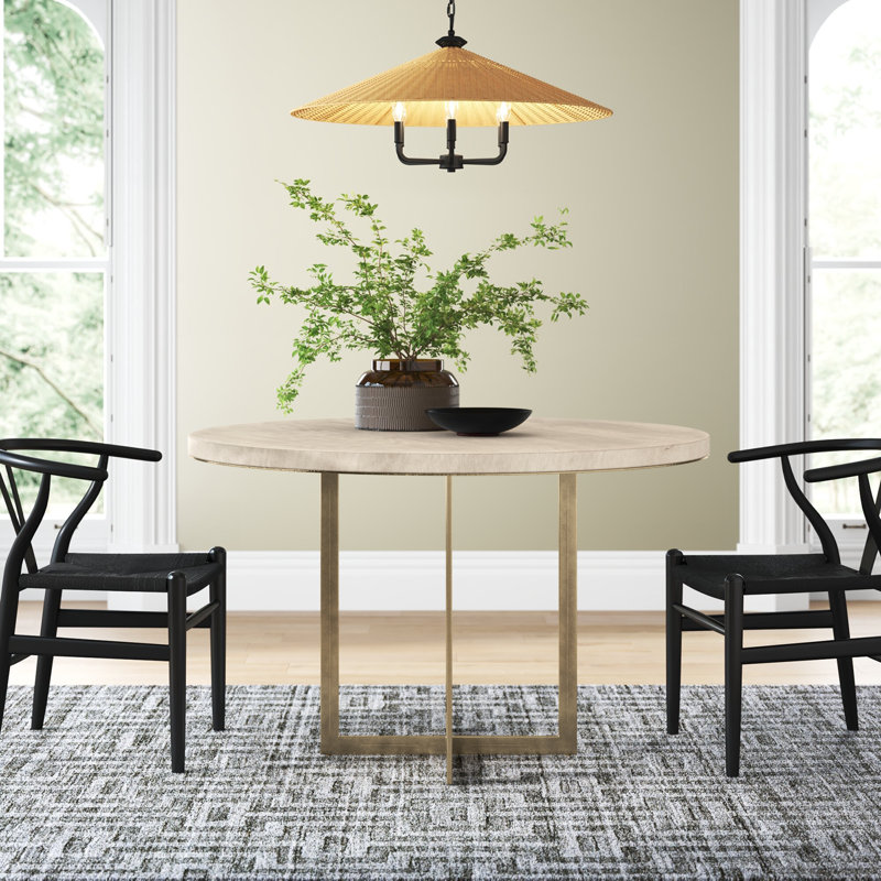 Tulane Mango Round Solid Wood Top with Iron Base Dining Table, Gold, Beige