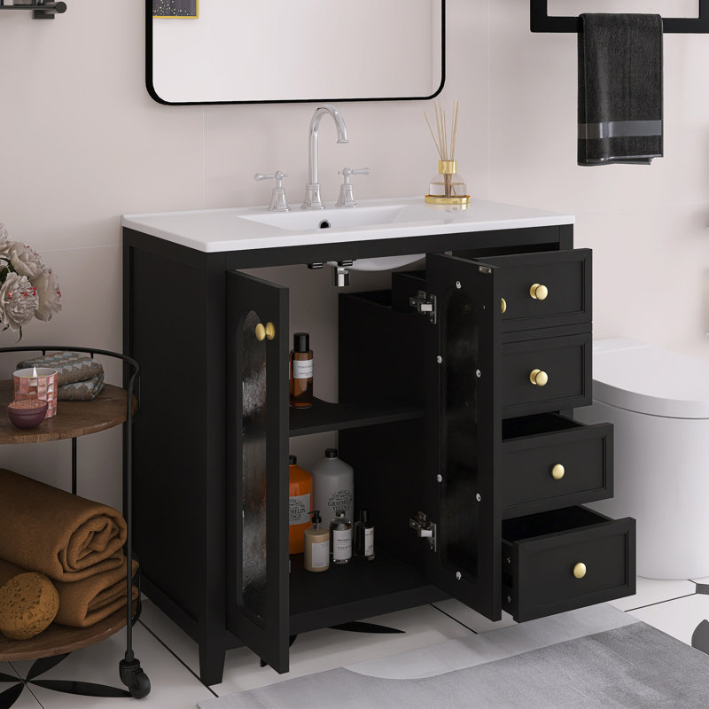 36" Free-Standing Bathroom Vanity With Ceramic Sink And Two Soft Close Doors, Adjustable Shelves And Three Drawers, Black
