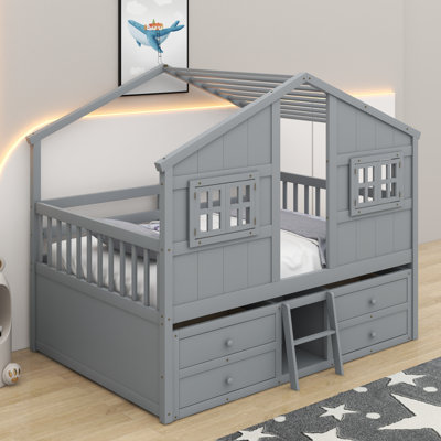 Full Size House Loft Bed With Roof, Windows,4 Storage Drawers,Pine Wooden Bed With Safety Guardrails,Ladder