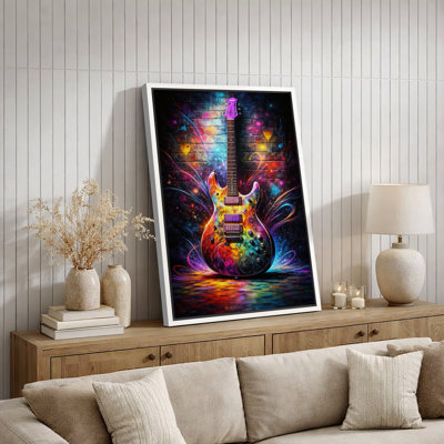 Colorful Neon Electric Guitar Street Style Artwork, Modern Music Studio Room Pictures, Framed Canvas Giclee Print Wall Art