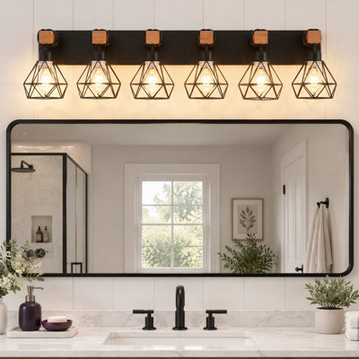 40'' 6-Light Black & Wood Grain Farmhouse Bathroom Vanity Light, Diamond Metal Shade Wall Sconce