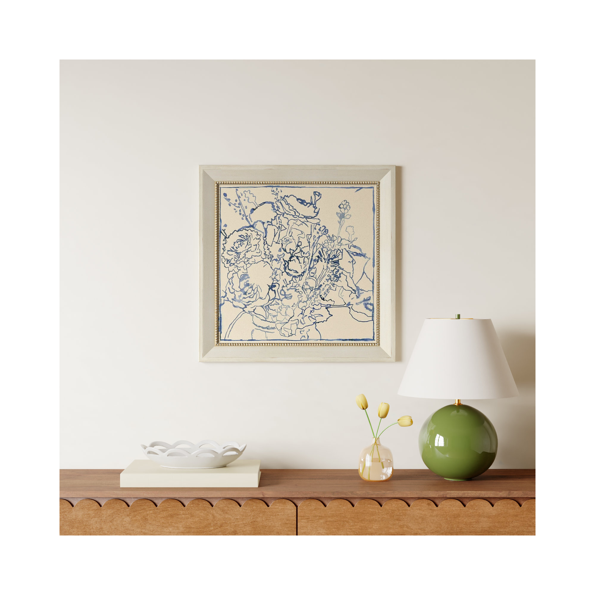 Indigo Floral Sketch by Megan Meagher, 24" W x 24" H, Cream