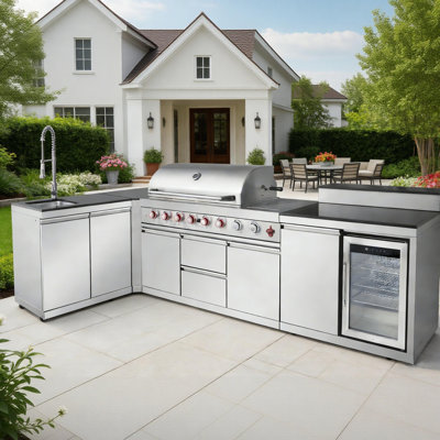 95.8" 6+1 Burner Propane Gas Outdoor Kitchen Island Bbq Grill Station, 95500 Btu, 304 Stainless Steel, Built-In Sink, Refrigerator & Bar Table, Silver